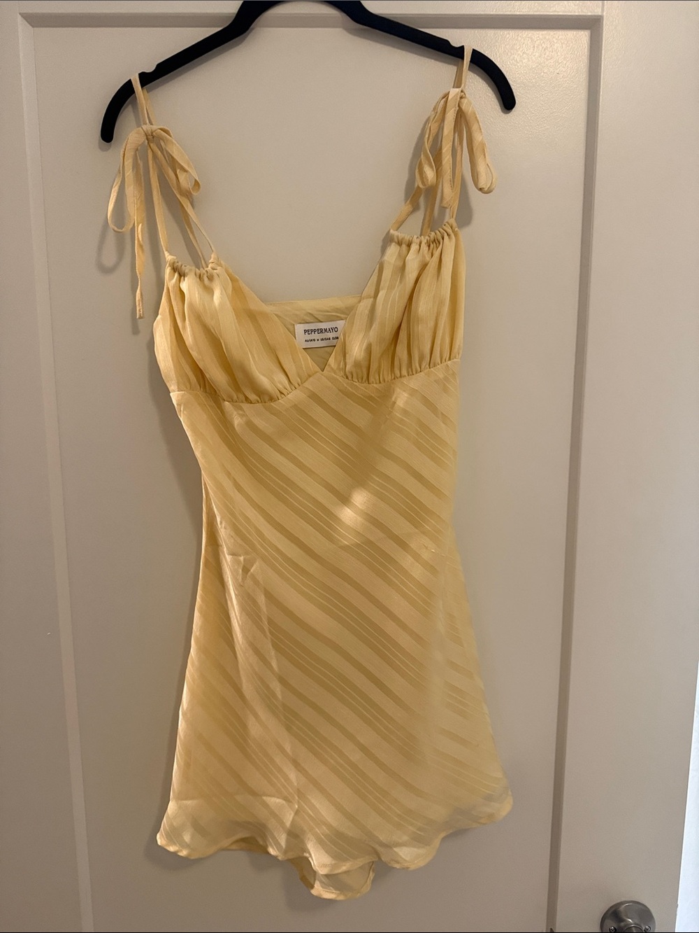 Peppermayo Pale Yellow Satin Tie-Strap Slip Dress